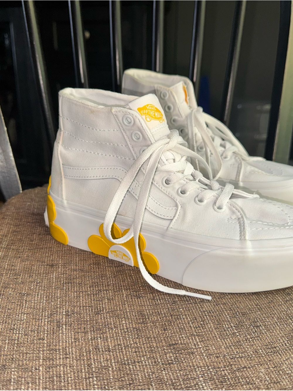 Vans Women’s White High-Top Platform Sneakers with Yellow Flower Accents